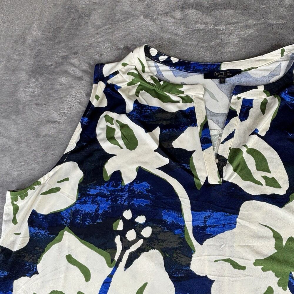 Rachel Roy Top Womens 1X Blue Blouse Floral Sleeveless V-Neck White Hibiscus New - Picture 2 of 11